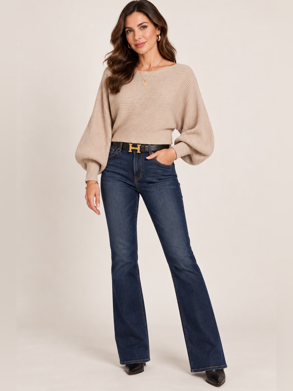 Heather Mocha Ribbed Boat Neck Balloon-Sleeve Sweater - Picture 2 of 5